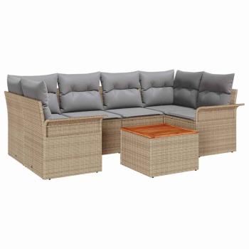 7-teiliges Garten-Sofa-Set mit Kissen Beige Poly Rattan Akazie, 2-Sitzer Garten-Sofa mit Stauraum und Kissen Beige Poly Rattan