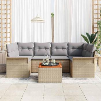 7-teiliges Garten-Sofa-Set mit Kissen Beige Poly Rattan Akazie, 2-Sitzer Garten-Sofa mit Stauraum und Kissen Beige Poly Rattan