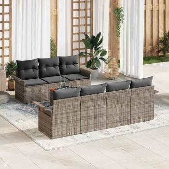 ARDEBO.de - 8-teiliges Garten-Sofa-Set mit Kissen Grau Poly Rattan Akazie, 2-Sitzer Garten-Sofa mit Stauraum & Kissen Grau Poly Rattan
