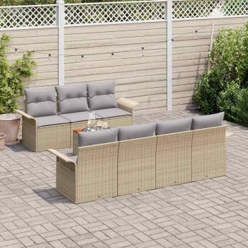 8-teiliges Garten Sofa Set mit Kissen Beige Poly Rattan Akazie, 2-Sitzer Garten Sofa mit Stauraum & Kissen Beige Poly Rattan