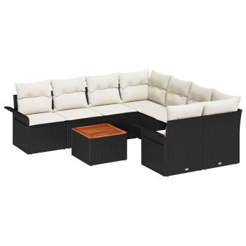 9-teiliges Garten-Sofa-Set mit Kissen Schwarz Poly Rattan Akazie, 2-Sitzer Garten-Sofa mit Stauraum & Kissen Schwarz Poly Rattan