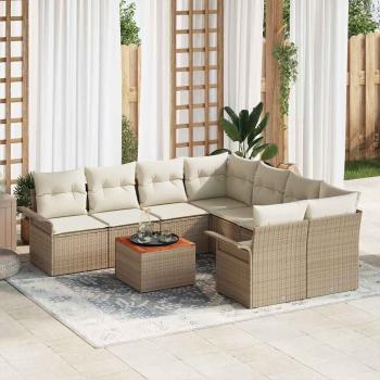 ARDEBO.de - 9-teiliges Garten Sofa Set mit Kissen Beige Poly Rattan Akazie, 2-Sitzer Garten Sofa mit Stauraum & Kissen Beige Poly Rattan