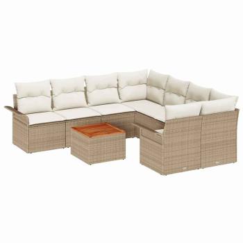 9-teiliges Garten Sofa Set mit Kissen Beige Poly Rattan Akazie, 2-Sitzer Garten Sofa mit Stauraum & Kissen Beige Poly Rattan
