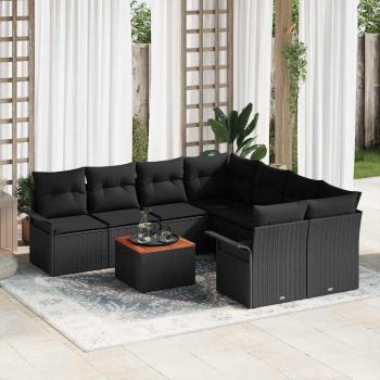 ARDEBO.de - 9-teiliges Garten-Sofa-Set mit Kissen Schwarz Poly-Rattan Akazie, 2-Sitzer Garten-Sofa mit Stauraum und Kissen Schwarz Poly-Rattan