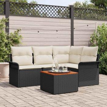 ARDEBO.de - 5-Teiliges Garten-Sofaset mit Kissen Schwarz Poly Rattan Akazie, 2-Sitzer Garten-Sofa mit Stauraum & Kissen Schwarz Poly Rattan