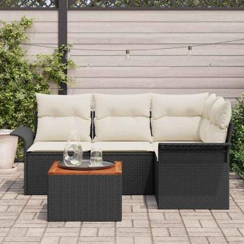 5-Teiliges Garten-Sofaset mit Kissen Schwarz Poly Rattan Akazie, 2-Sitzer Garten-Sofa mit Stauraum & Kissen Schwarz Poly Rattan