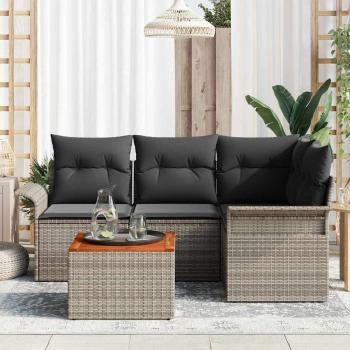 5-teiliges Garten Sofa Set mit Kissen Grau Poly Rattan Akazie, 2-Sitzer Garten Sofa mit Stauraum & Kissen Grau Poly Rattan