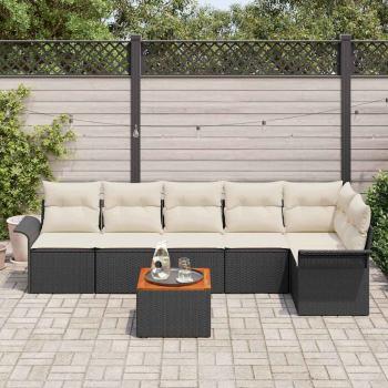 7-teiliges Garten Sofa Set mit Kissen Schwarz Poly Rattan Akazie, 2-Sitzer Garten Sofa mit Stauraum & Kissen Schwarz Poly Rattan