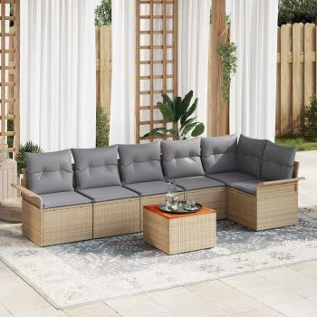 ARDEBO.de - 7-teiliges Garten Sofa Set mit Kissen Beige Poly Rattan Akazie, 2-Sitzer Garten Sofa mit Stauraum & Kissen Beige Poly Rattan
