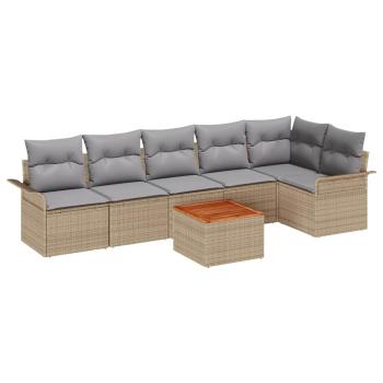 7-teiliges Garten Sofa Set mit Kissen Beige Poly Rattan Akazie, 2-Sitzer Garten Sofa mit Stauraum & Kissen Beige Poly Rattan