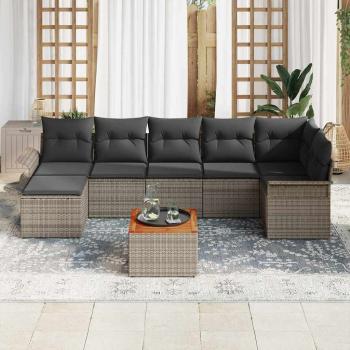 ARDEBO.de - 8-teiliges Garten Sofa Set mit Kissen Grau Poly Rattan Akazie, 2-Sitzer Garten Sofa mit Stauraum & Kissen Grau Poly Rattan