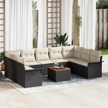 ARDEBO.de - 10-teiliges Garten Sofaset mit Kissen Schwarz Poly Rattan Akazie, 2-Sitzer Garten Sofa mit Stauraum und Kissen Schwarz Poly Rattan