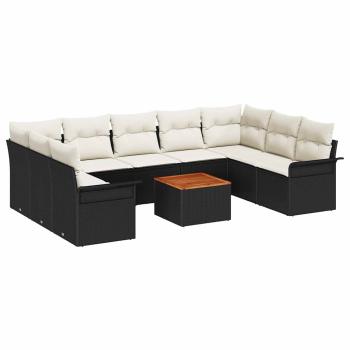 10-teiliges Garten Sofaset mit Kissen Schwarz Poly Rattan Akazie, 2-Sitzer Garten Sofa mit Stauraum und Kissen Schwarz Poly Rattan