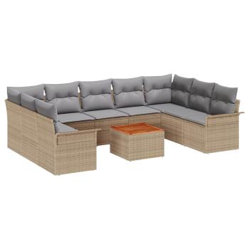 10-teilige Garten Sofa Set mit Kissen Beige Poly Rattan Akazie, 2-Sitzer Garten Sofa mit Stauraum & Kissen Beige Poly Rattan