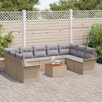 10-teilige Garten Sofa Set mit Kissen Beige Poly Rattan Akazie, 2-Sitzer Garten Sofa mit Stauraum & Kissen Beige Poly Rattan