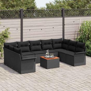 10-teiliges Garten-Sofa-Set mit Kissen Schwarz Poly-Rattan Akazie, 2-Sitzer Garten-Sofa mit Stauraum & Kissen Schwarz Poly-Rattan