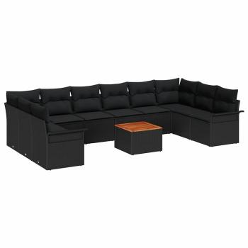 11-teiliges Garten Sofa Set mit Kissen Schwarz Poly Rattan Akazie, 2-Sitzer Garten Sofa mit Stauraum & Kissen Schwarz Poly Rattan
