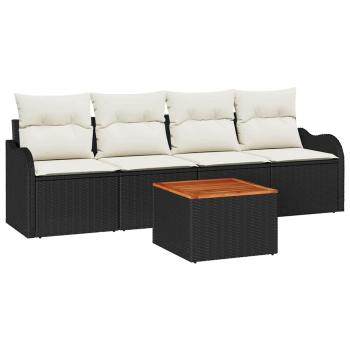 5-teiliges Garten Sofa Set mit Kissen Schwarz Poly Rattan Akazie, 2-Sitzer Garten Sofa mit Stauraum und Kissen Schwarz Poly Rattan
