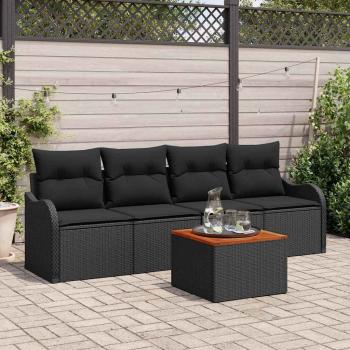 ARDEBO.de - 5-teiliges Garten-Sofa-Set mit Kissen Schwarz Poly-Rattan Akazie, 2-Sitzer Garten-Sofa mit Stauraum & Kissen Schwarz Poly-Rattan