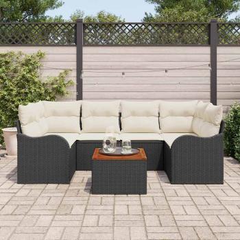 7-teilige Garten-Sofa-Set mit Kissen Schwarz Poly Rattan Akazie, 2-Sitzer Garten-Sofa mit Stauraum & Kissen Schwarz Poly Rattan