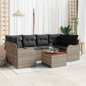 ARDEBO.de - 7-teiliges Garten Sofa Set mit Kissen Grau Poly Rattan Akazie, 2-Sitzer Garten Sofa mit Stauraum & Kissen Grau Poly Rattan