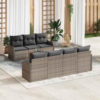 ARDEBO.de - 8-teiliges Garten-Sofa-Set mit Kissen Grau Poly Rattan Akazie, 2-Sitzer Garten-Sofa mit Stauraum & Kissen Grau Poly Rattan