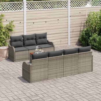 8-teiliges Garten-Sofa-Set mit Kissen Grau Poly Rattan Akazie, 2-Sitzer Garten-Sofa mit Stauraum & Kissen Grau Poly Rattan