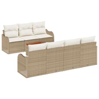 8-teiliges Garten-Sofa Set mit Kissen Beige Poly Rattan Akazie, 2-Sitzer Garten-Sofa mit Stauraum & Kissen Beige Poly Rattan