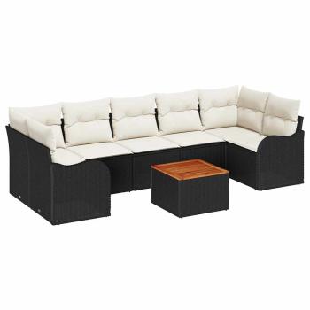 8-teiliges Garten-Sofa-Set mit Kissen Schwarz Poly Rattan Akazie, 2-Sitzer Garten Sofa mit Stauraum & Kissen Schwarz Poly Rattan