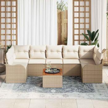 8-teiliges Garten Sofa Set mit Kissen Beige Poly Rattan Akazie, 2-Sitzer Garten Sofa mit Stauraum & Kissen Beige Poly Rattan