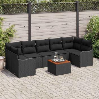 ARDEBO.de - 8-teiliges Garten Sofaset mit Kissen Schwarz Poly Rattan Akazie, Zweisitzer Garten Sofa mit Stauraum & Kissen Schwarz Poly Rattan