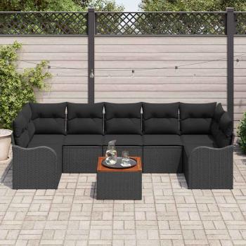 8-teiliges Garten Sofaset mit Kissen Schwarz Poly Rattan Akazie, Zweisitzer Garten Sofa mit Stauraum & Kissen Schwarz Poly Rattan