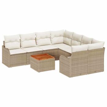 9-teiliges Garten Sofa Set mit Kissen Beige Poly Rattan Akazie, 2-Sitzer Garten Sofa mit Stauraum & Kissen Beige Poly Rattan