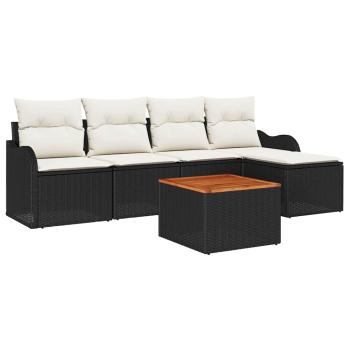 6-teiliges Garten-Sofa-Set mit Kissen Schwarz Poly Rattan Akazie, 2-Sitzer Garten-Sofa mit Stauraum & Kissen Schwarz Poly Rattan