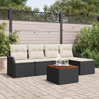 6-teiliges Garten-Sofa-Set mit Kissen Schwarz Poly Rattan Akazie, 2-Sitzer Garten-Sofa mit Stauraum & Kissen Schwarz Poly Rattan