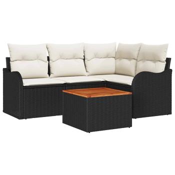 5-teiliges Garten Sofa Set mit Kissen in Schwarz, Poly Rattan und Akazie, 2-Sitzer Garten Sofa mit Stauraum & Kissen in Schwarz, Poly Rattan