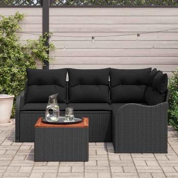 5-teilige Garten Sofaset mit Kissen Schwarz Poly Rattan Akazie, 2-Sitzer Garten Sofa mit Stauraum & Kissen Schwarz Poly Rattan
