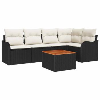 6-teilige Garten Sofagarnitur mit Kissen schwarz Poly Rattan Akazie, 2-Sitzer Garten Sofa mit Stauraum & Kissen schwarz Poly Rattan