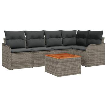 6-Teiliges Gartensofa Set mit Kissen Grau Poly Rattan Akazie, 2-Sitzer Gartensofa mit Stauraum & Kissen Grau Poly Rattan