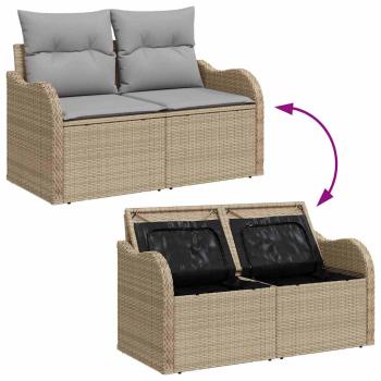 9-teiliges Garten-Sofa-Set mit Kissen Beige Poly Rattan Akazie, 2-Sitzer Garten-Sofa mit Stauraum & Kissen Beige Poly Rattan