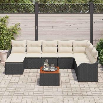 9-teiliges Garten Sofa Set mit Kissen Schwarz Poly Rattan Akazie, 2-Sitzer Garten Sofa mit Stauraum & Kissen Schwarz Poly Rattan