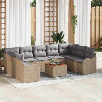 ARDEBO.de - 10-teiliges Garten-Sofa-Set mit Kissen Beige Poly-Rattan Akazie, 2-Sitzer Garten-Sofa mit Stauraum & Kissen Beige Poly-Rattan