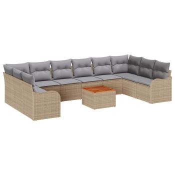 10-teiliges Garten-Sofa-Set mit Kissen Beige Poly-Rattan Akazie, 2-Sitzer Garten-Sofa mit Stauraum & Kissen Beige Poly-Rattan