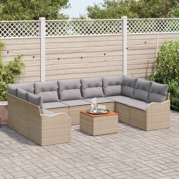 10-teiliges Garten-Sofa-Set mit Kissen Beige Poly-Rattan Akazie, 2-Sitzer Garten-Sofa mit Stauraum & Kissen Beige Poly-Rattan