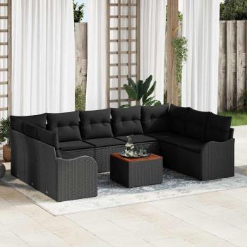 ARDEBO.de - 10-teiliges Garten Sofa Set mit Kissen Schwarz Poly Rattan Akazie, 2-Sitzer Garten Sofa mit Stauraum & Kissen Schwarz Poly Rattan