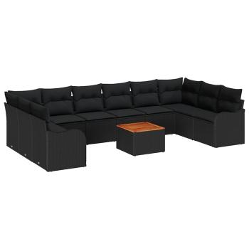 10-teiliges Garten Sofa Set mit Kissen Schwarz Poly Rattan Akazie, 2-Sitzer Garten Sofa mit Stauraum & Kissen Schwarz Poly Rattan