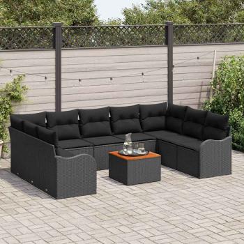10-teiliges Garten Sofa Set mit Kissen Schwarz Poly Rattan Akazie, 2-Sitzer Garten Sofa mit Stauraum & Kissen Schwarz Poly Rattan