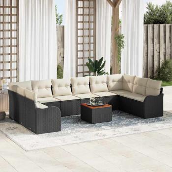 ARDEBO.de - 11-teiliges Garten-Sofa-Set mit Kissen Schwarz Poly Rattan Akazie, 2-Sitzer Garten-Sofa mit Stauraum & Kissen Schwarz Poly Rattan