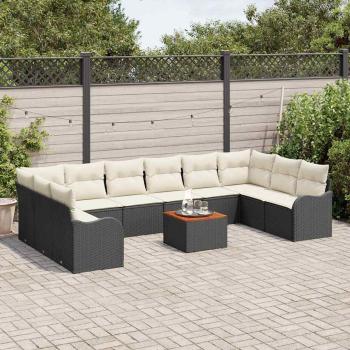 11-teiliges Garten-Sofa-Set mit Kissen Schwarz Poly Rattan Akazie, 2-Sitzer Garten-Sofa mit Stauraum & Kissen Schwarz Poly Rattan