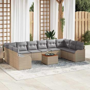 ARDEBO.de - 11-teilige Garten-Sofa-Set mit Kissen Beiges Poly-Rattan Akazie, 2-sitziges Garten-Sofa mit Stauraum & Kissen Beiges Poly-Rattan